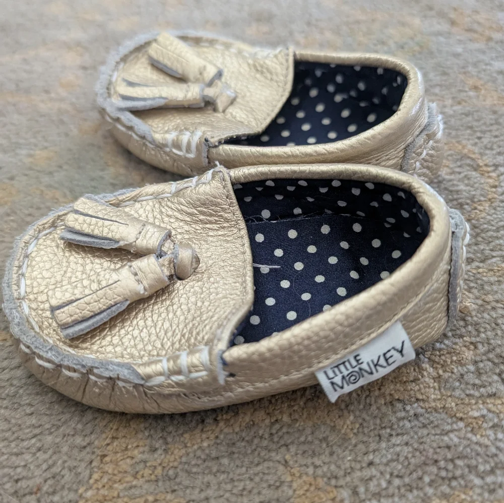 Little Monkey Gold Baby Moccasins Sz 1
